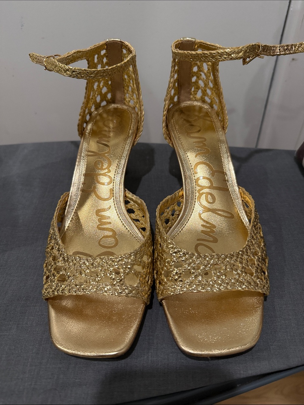 Sam Edelman Metallic Gold Woven Ankle-Strap Heels